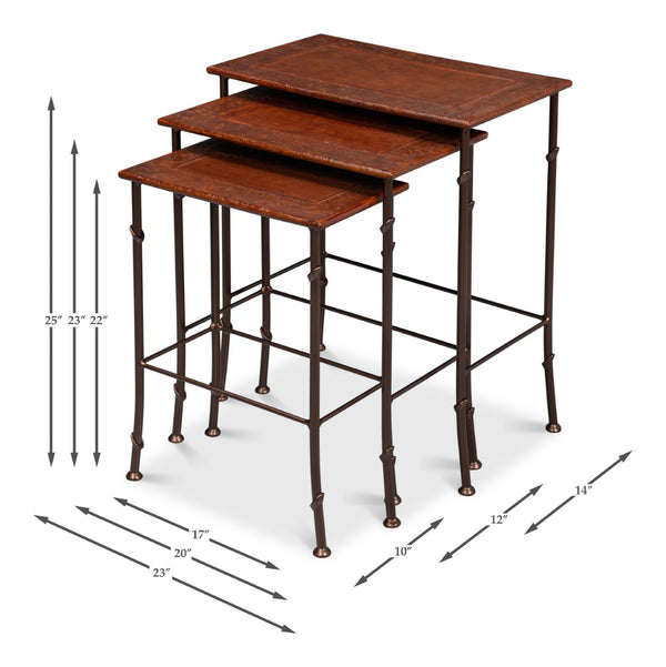 Sarreid Kew Gardens Leather Nesting Tables - Stylish Embossed Leather & Iron Faux Bamboo Design For Your Home Brown  16696