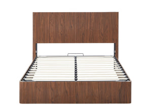 English Elm Queen Storage Bed Walnut Finish Hydraulic Lift Corrugated Wood Headboard No Box Spring W1820S00041