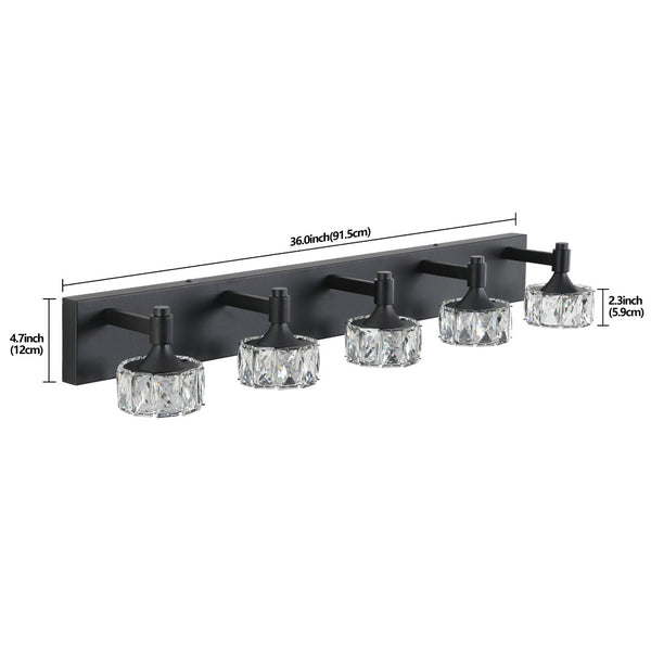 English Elm Modern 5 Light Matte Black Vanity Fixture Crystal Glass Shades Bathroom Led W1340P206826