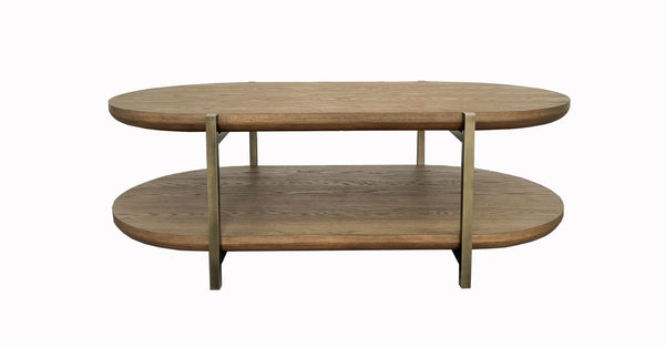 English Elm Cocktail Table with Elm Veneer & Metal Frame, Latte Finish, Modern Soft Design + Storage Shelf B2699P238777