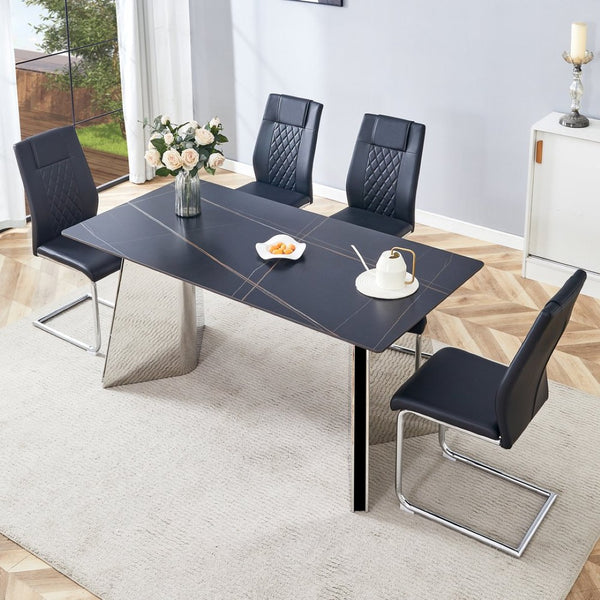 English Elm Table 5-Piece Set: Elegant Black Marble-Patterned Top With Stylish Stainless Steel Legs & Pu Chairs W1151S01959-GIGA