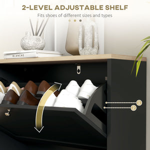 English Elm HOMCOM Slim Shoe Cabinet for Entryway with 2 Flip Drawers, Adjustable Shelves, Oak Top, Anti-Tip Stability Black W2225P249598