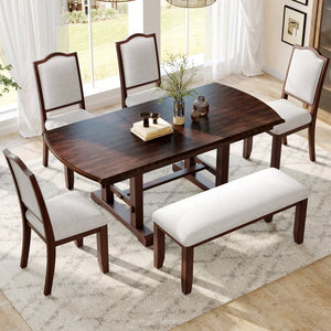 English Elm 6-piece Extendable Wood Dining Set with Linen Upholstered Chairs Bench Seats Eight Cherry N752S000097C