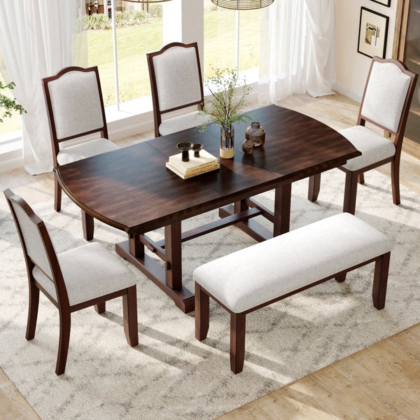 English Elm 6-piece Extendable Wood Dining Set with Linen Upholstered Chairs Bench Seats Eight Cherry N752S000097C