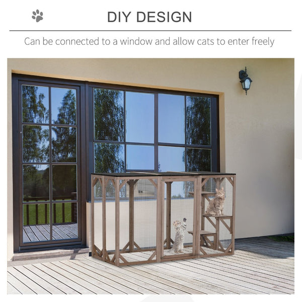 English Elm Pawhut Wooden Outdoor Catio Enclosure with Mesh Walls Climbing Platforms Asphalt Roof W2225P173771