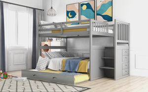 English Elm Full Over Staircase Bunk Bed with Twin Trundle and Built-in Storage Drawers LT000126AAE-2