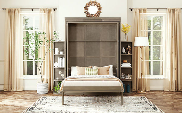 English Elm Rotating Murphy Wall Bed with Convertible Desk Dual Side Shelves Full Size Mdf Cabinet Gray LP000961AAE