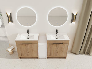 English Elm 72 Inch Freestanding Bathroom Vanity With Ceramic Sink, Soft-Close Doors, And Ample Storage Space W999S00323