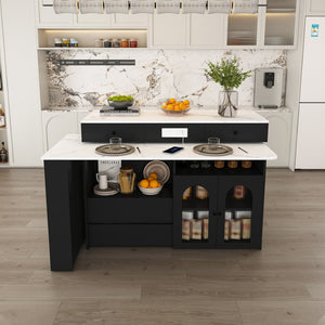 English Elm Kitchen Island Dining Set Marble Veneer Rotating Top Solid Wood Chairs Retro Modern White W2700S00121