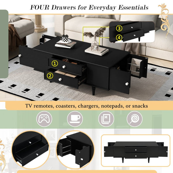 English Elm U-Can Modern Rectangle Coffee Table With 4 Drawers & Hidden Storage For Stylish Living Spaces N724P286418B-GIGA