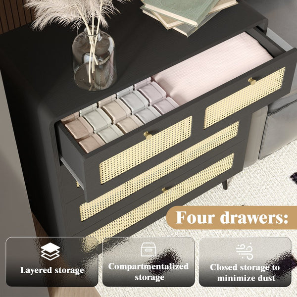 English Elm 4 Drawer Dresser Black - Modern Rattan-Front Chest with Wide Metal-Handle Drawers, Durable MDF Storage W2227P144261