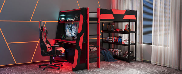 English Elm Full Size Gaming Loft Bed with Led Lighting Desk Shelves and Usb Charging Ports Black+Red N820S00076J