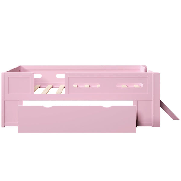 English Elm Wood Twin Platform Bed for Kids with Fence Guardrail and Under Storage Drawer Pink N709P385777H