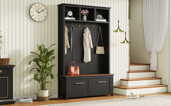 English Elm On-trend Entryway Hall Tree with Gold Hooks Bench Drawers and Shoe Cabinet Storage Black N721S000056B-1