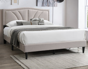 English Elm Modern Burlap Upholstered Full Platform Bed Curved Headboard with Nailhead Trim Detail B011P418593