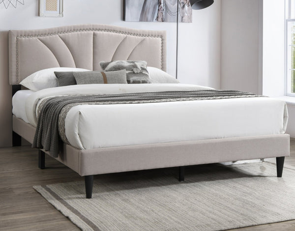 English Elm Modern Burlap Upholstered Full Platform Bed Curved Headboard with Nailhead Trim Detail B011P418593