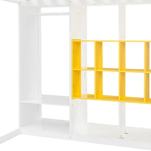 English Elm Twin Loft Bed with Wardrobe Shelves and Cabinet Kids Bedroom Wood Storage Frame Yellow+White N708S00024K