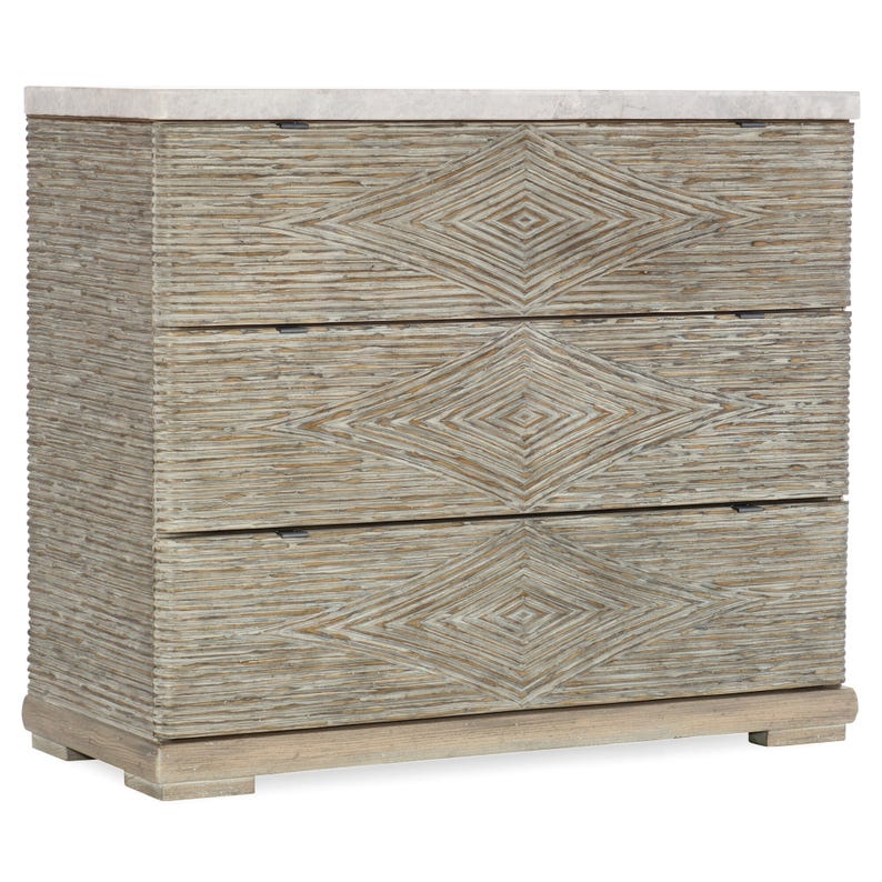 Amani Reeded Three-Drawer Accent Chest With Crema Marble Top, Cedar-Lined Drawer & Diamond Fronts
