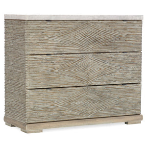 Amani Reeded Three-Drawer Accent Chest With Crema Marble Top, Cedar-Lined Drawer & Diamond Fronts