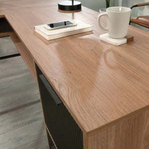 English Elm L-Shaped Desk In Warm Brown Finish - Spacious Workspace With Storage, Cable Management & Style B356P367775