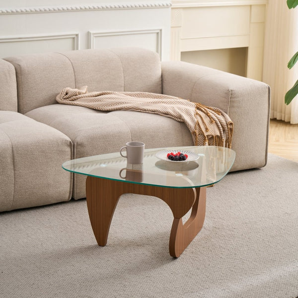 English Elm Glass Top Coffee Table Tempered Surface Oak Wood Base Mid-century Modern Living Room W1718P452039
