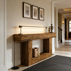 English Elm Practical Geometric Console Table with Matte Black Wood Grain Finish for Entryway or Sofa Rustic Brown T3971P454034