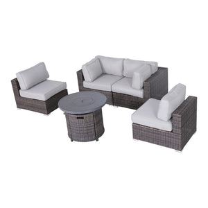 English Elm All-Weather 5-Piece Rattan Sectional Lounge Set With Fire Pit & Plush Cushions For Outdoor Comfort B120S00084