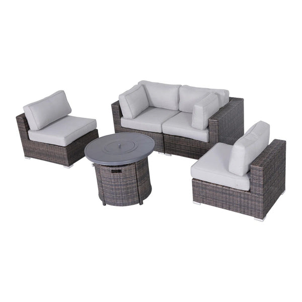 English Elm All-Weather 5-Piece Rattan Sectional Lounge Set With Fire Pit & Plush Cushions For Outdoor Comfort B120S00084