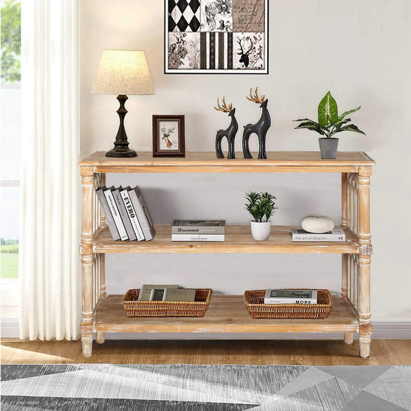 English Elm Rustic 3-Tier Console Table with Gothic Arched Cutouts, 47.24" Antique Natural Wood Entryway Shelf W2295P365031