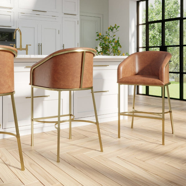English Elm 26" Glam Counter Stool White Faux Leather Barrel Back Gold Steel Frame Kitchen Brown Pu B2751P436478