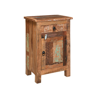 English Elm Christopher Knight Home® - CARVED Recycled Wood Side Table in Natural Finish with Distressed Paint, Drawer & Cabinet Storage 66416.00