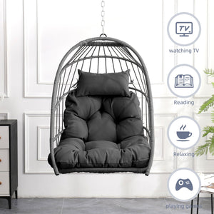 English Elm Outdoor Egg-shaped Hanging Chair with Stand - Cozy Cushioned Swing, Sturdy 350 lb Frame, Indoor/Patio Use Gray+Gray W2500P309523