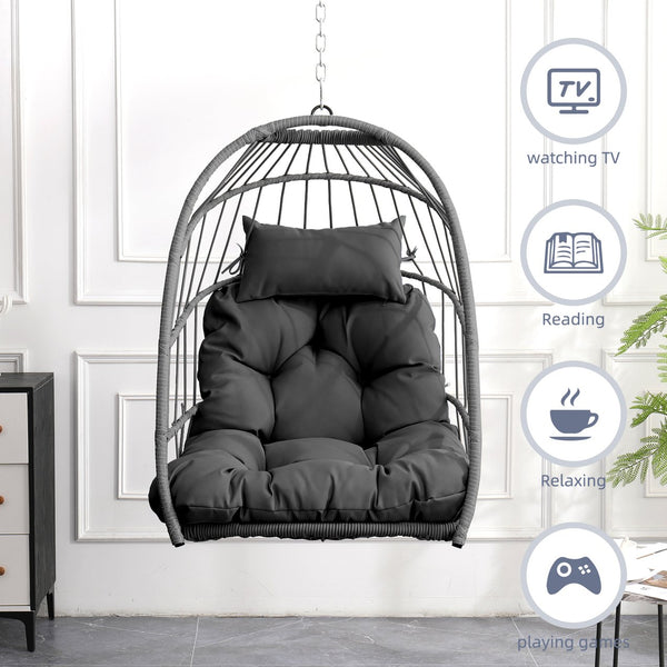 English Elm Outdoor Egg-shaped Hanging Chair with Stand - Cozy Cushioned Swing, Sturdy 350 lb Frame, Indoor/Patio Use Gray+Gray W2500P309523