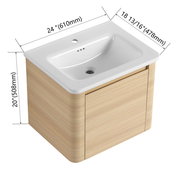 English Elm 24'' 24" Wall-Mounted Bathroom Vanity with Ceramic Sink, Soft-Close Door, Plywood Build, Space-Saving Design Ameican White Oak W999P317925
