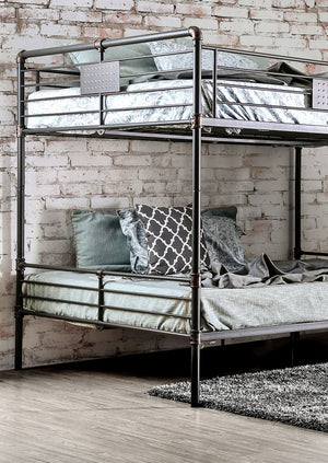 English Elm Queen Industrial Metal Bunk Bed with Pipe Frame, Built-In Slats & Ladder, Durable Retro Style 92" Antique Black 67 L x 41 W x 7 H B2741S00372