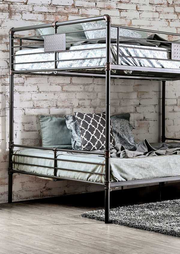 English Elm Queen Industrial Metal Bunk Bed with Pipe Frame, Built-In Slats & Ladder, Durable Retro Style 92" Antique Black 67 L x 41 W x 7 H B2741S00372