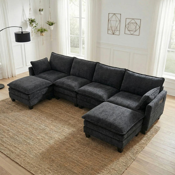 English Elm Modern Chenille Three Seat Sofa with Ottoman Usb Charging Ports and Storage Pockets Black W2519S00002