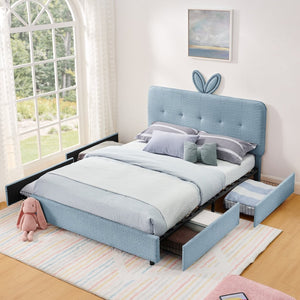 English Elm Queen Boucle Upholstered Kids Bed with Rabbit Ear Headboard Led Lighting Storage Drawers Navy W1413P384928
