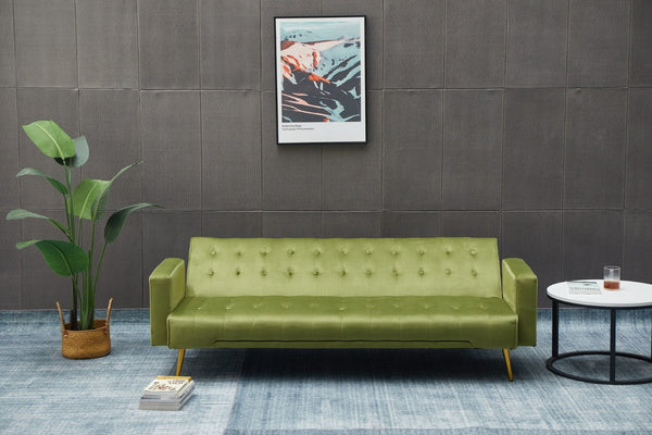 English Elm Sofa Bed Velvet Upholstered Convertible with Gold Metal Legs for Studio Spaces Army Green B205P246432