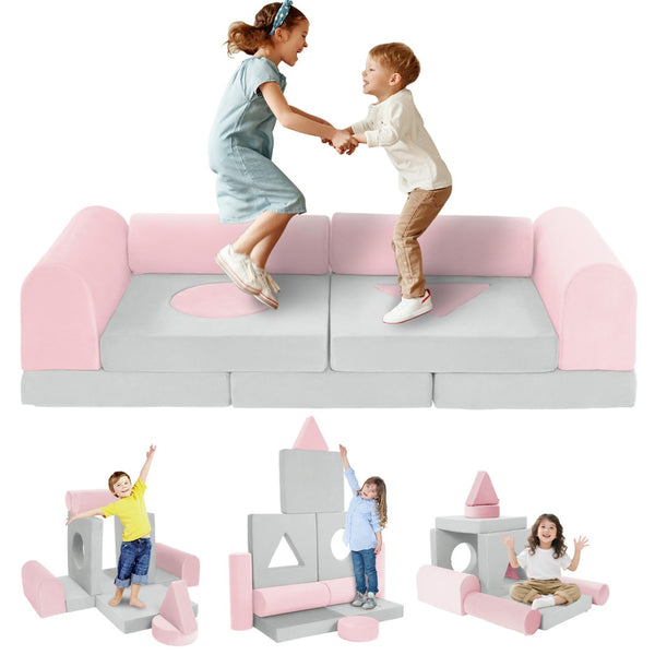 English Elm 11pcs Modular Foam Play Couch Set for Kids Velour Washable Toddler Playroom Builder Pink+Grey T5880P493424