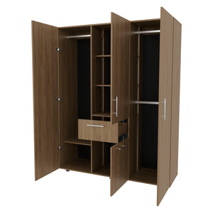 English Elm FM FURNITURE Alamo Lake Armoire 4-Door Multi-Storage with Shelves, Hanging Rods & Smooth Drawer in Oak B128S00050