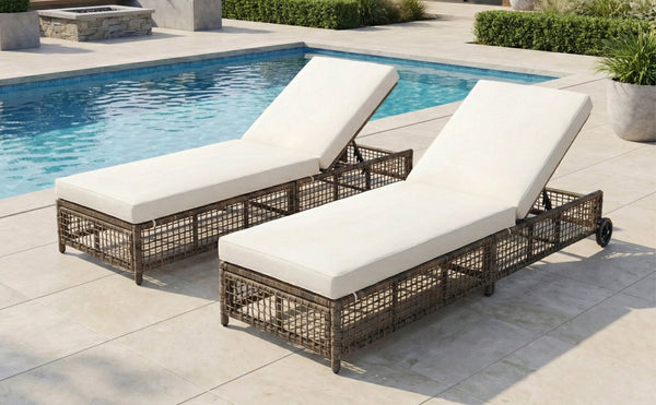 English Elm Trexm Outdoor Pe Rattan Chaise with Adjustable Backrest Cushion and Wheels for Poolside Beige,Grey Brown N715P207900N