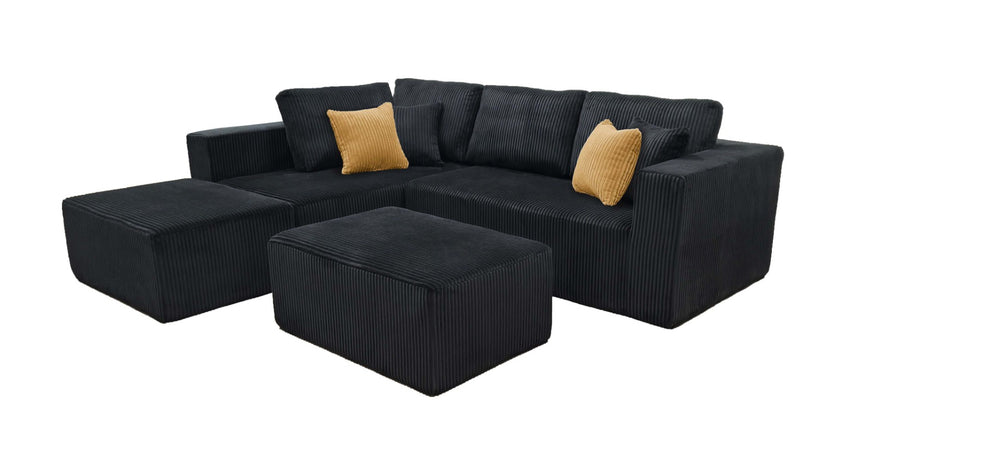 English Elm Full Corduroy Sectional Sofa with Two Moveable Ottomans Ready to Use Straight From Box Black B2748S00060