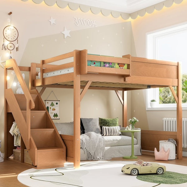 English Elm Twin Low Loft Bed Solid Pine Frame Kids Study Desk Blackboard Storage White Antique Natural W1580S00554