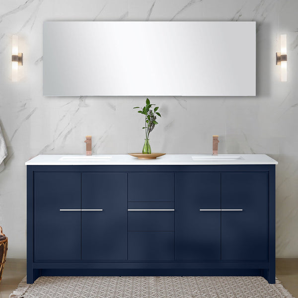English Elm Navy Double Bath Vanity 72" W With Cultured Marble Top, Rose Gold Faucet & Matching 70" Mirror Set B2731S01748