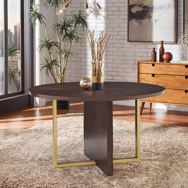 Avesbury Oak Veneer Round Dining Table with Gold Accents for Modern Spaces