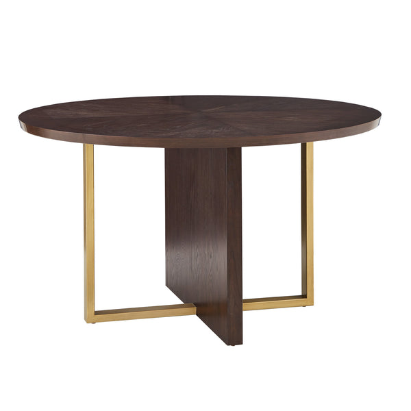 Avesbury Oak Veneer Round Dining Table with Gold Accents for Modern Spaces
