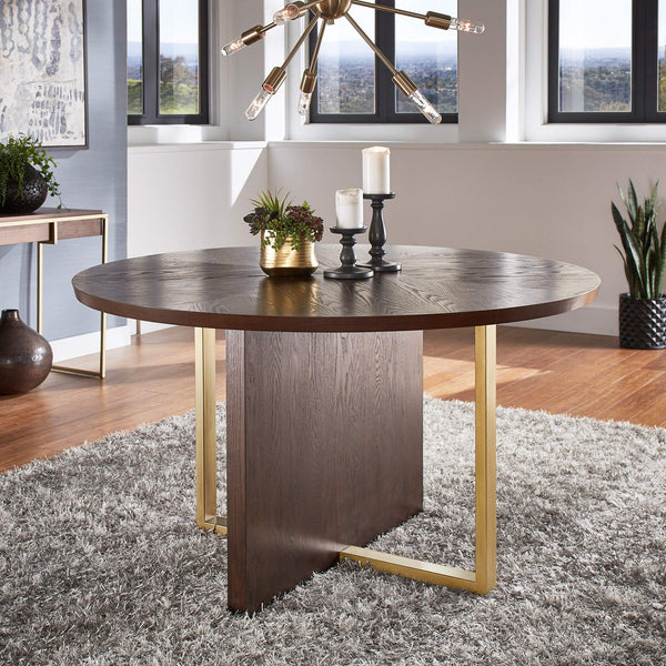 Avesbury Oak Veneer Round Dining Table with Gold Accents for Modern Spaces