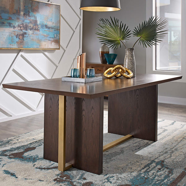Avesbury Oak Veneer Dining Table with Gold Accent Iron Frame Seats Four