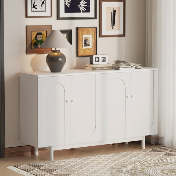 English Elm Stylish 4-Door Intaglio Storage Cabinet with Pine Legs and Solid Wood Pulls, Mid-Century Modern Console White W757P151917